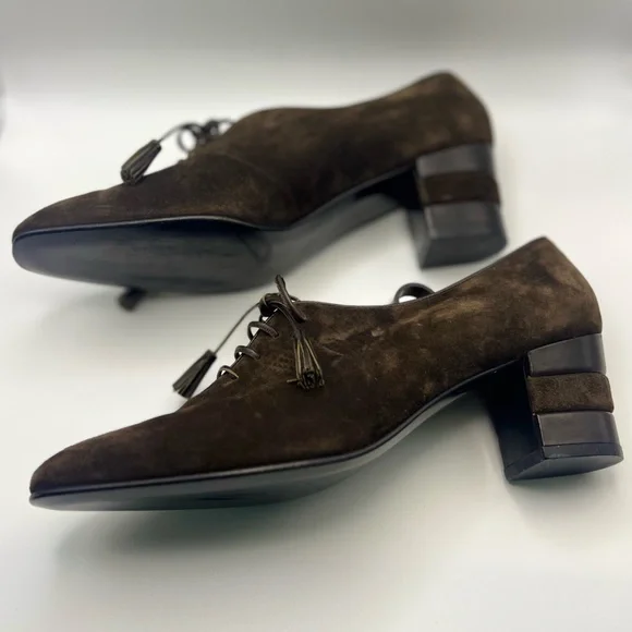 Salvatore Ferragamo Brown Nero Suede Size 7.5 Oxford Heels - Picture 3 of 8